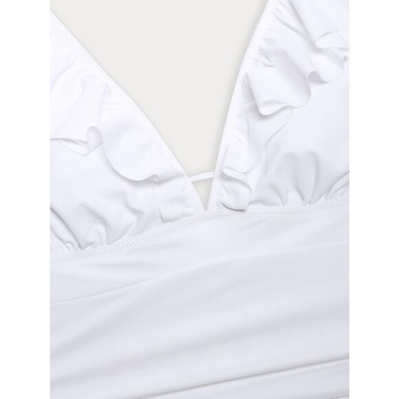 Women's White Ruffled One Piece Swimsuit V Neck Lace Up - Picture 5 of 5